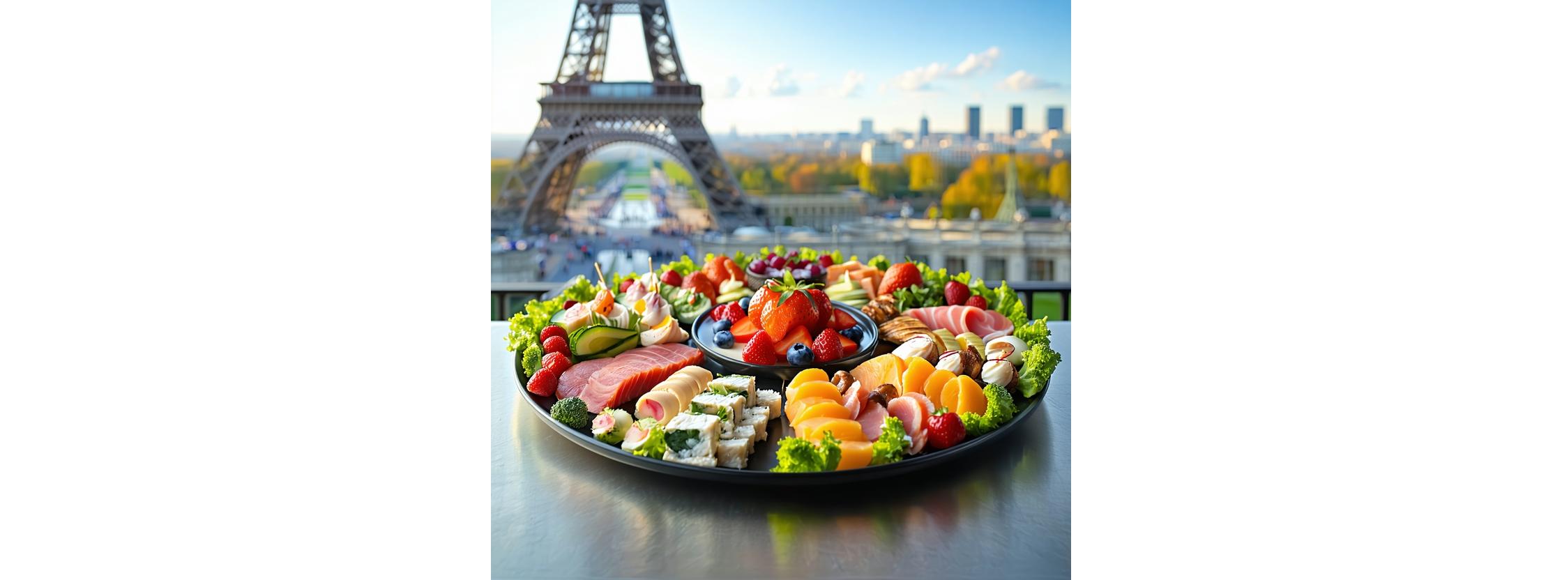 Plateau gastronomique coloré devant la Tour Eiffel